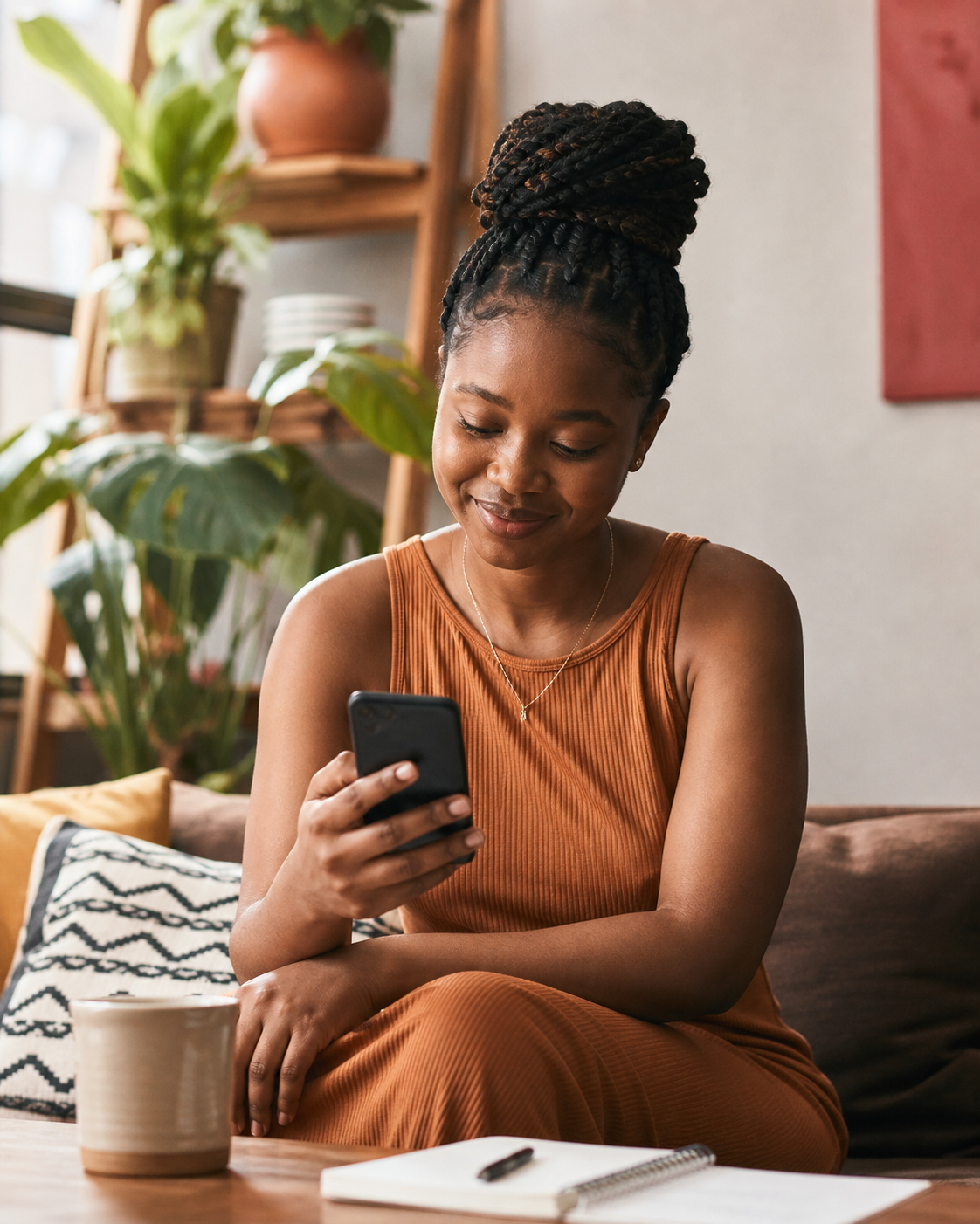 Young woman browsing on her phone at home
